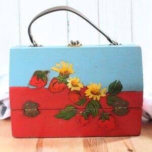Hand Painted Vintage Lunch/Tool Box with Leather Strap